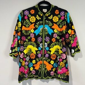 Leandra Embroideries Vintage 70s Floral Bird Jacket Large Folk Art Boho Artisan
